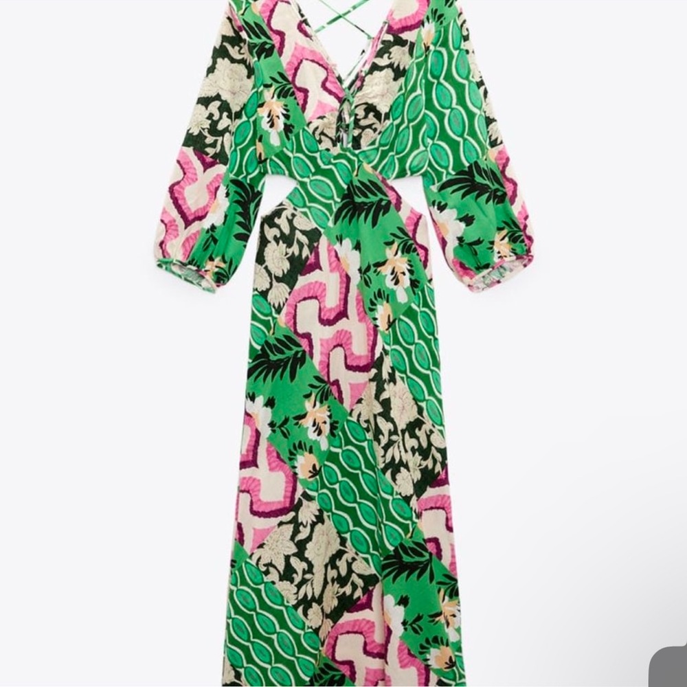 Zara Green and Pink Patterned Long Sleeve Dress